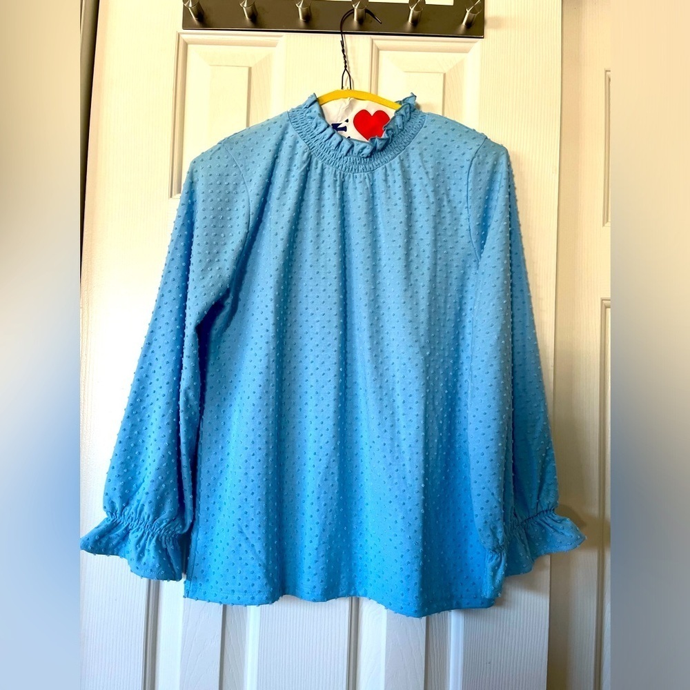 JCrew XS light blue pin dot blouse with ruffle neck and sleeves